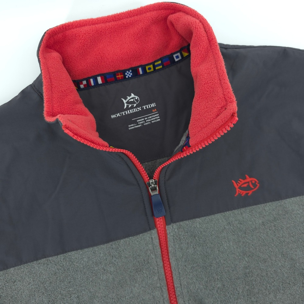 Southern Tide Vest‎ Mens M Gray Red Fleece Lined Full Zip Sleeveless Pockets